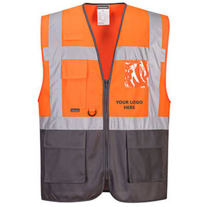 M Orange/Grey WorkGlow® Hi-Vis Executive Waistcoat c/w Company Branding and extra text